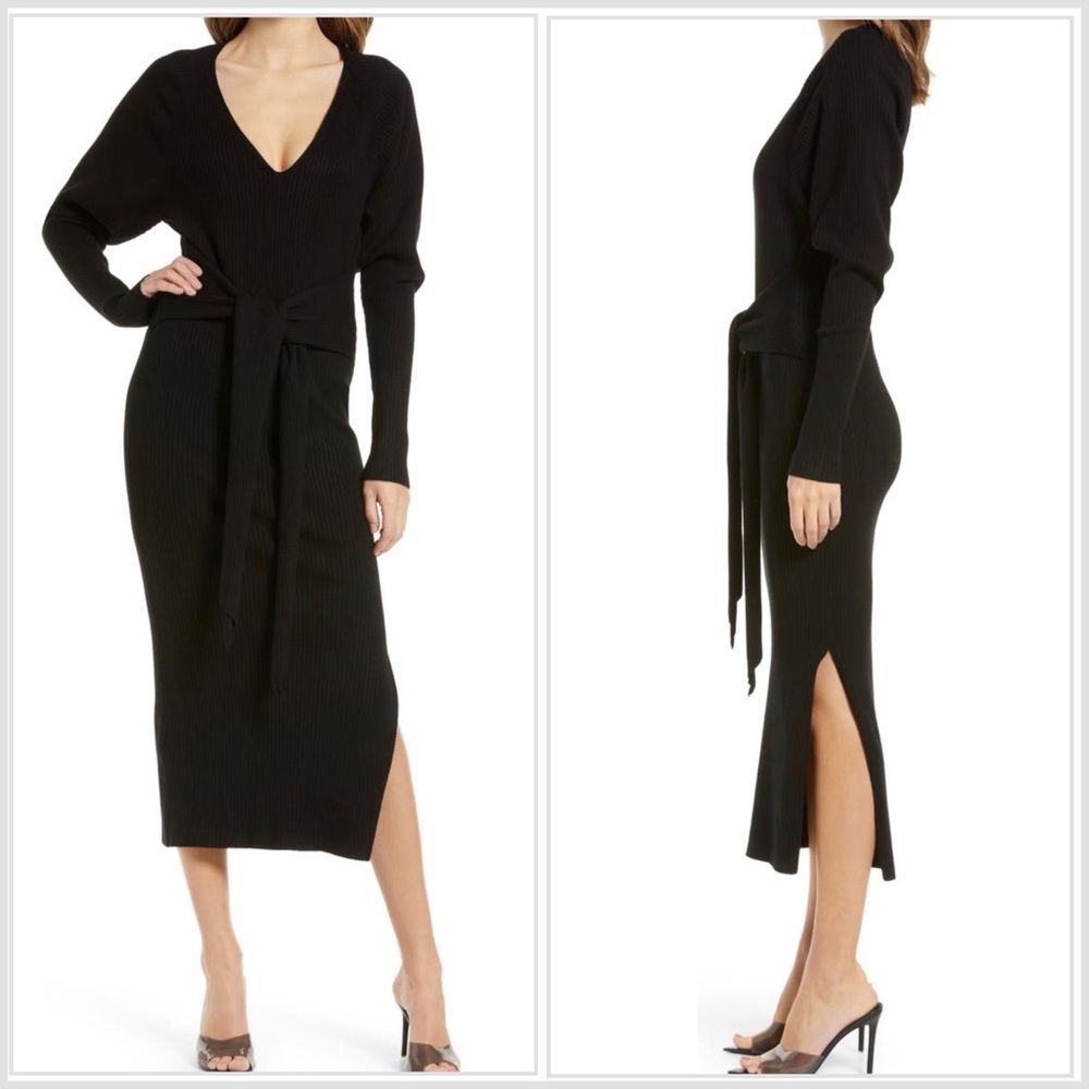 NWT Good American Rib Knit Long Sleeve Body-Con Black Midi Dress L/XL